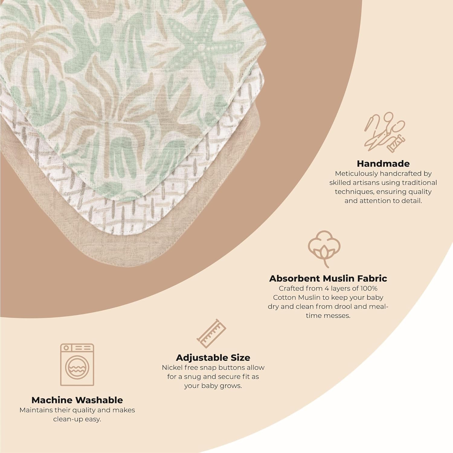 Crane 100% Cotton Newborn Baby Bib Set - 3 Bandana Style Muslin Drool Bibs for Eating Essentials