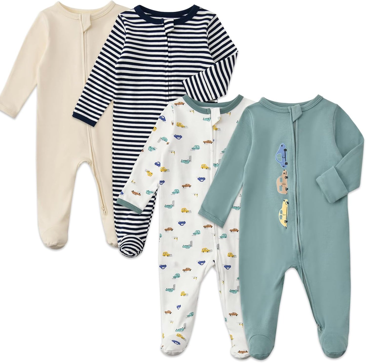 Aablexema Baby Footed Pajamas with Mitten Cuffs Zipper 4-Pack Infant Newborn Cotton Long Sleeve