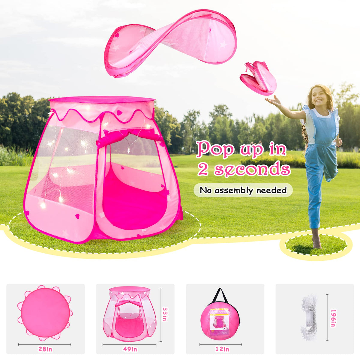 DISHIO Ball Pits with 50 Balls, Pop up Tents for Kids with Star Lights