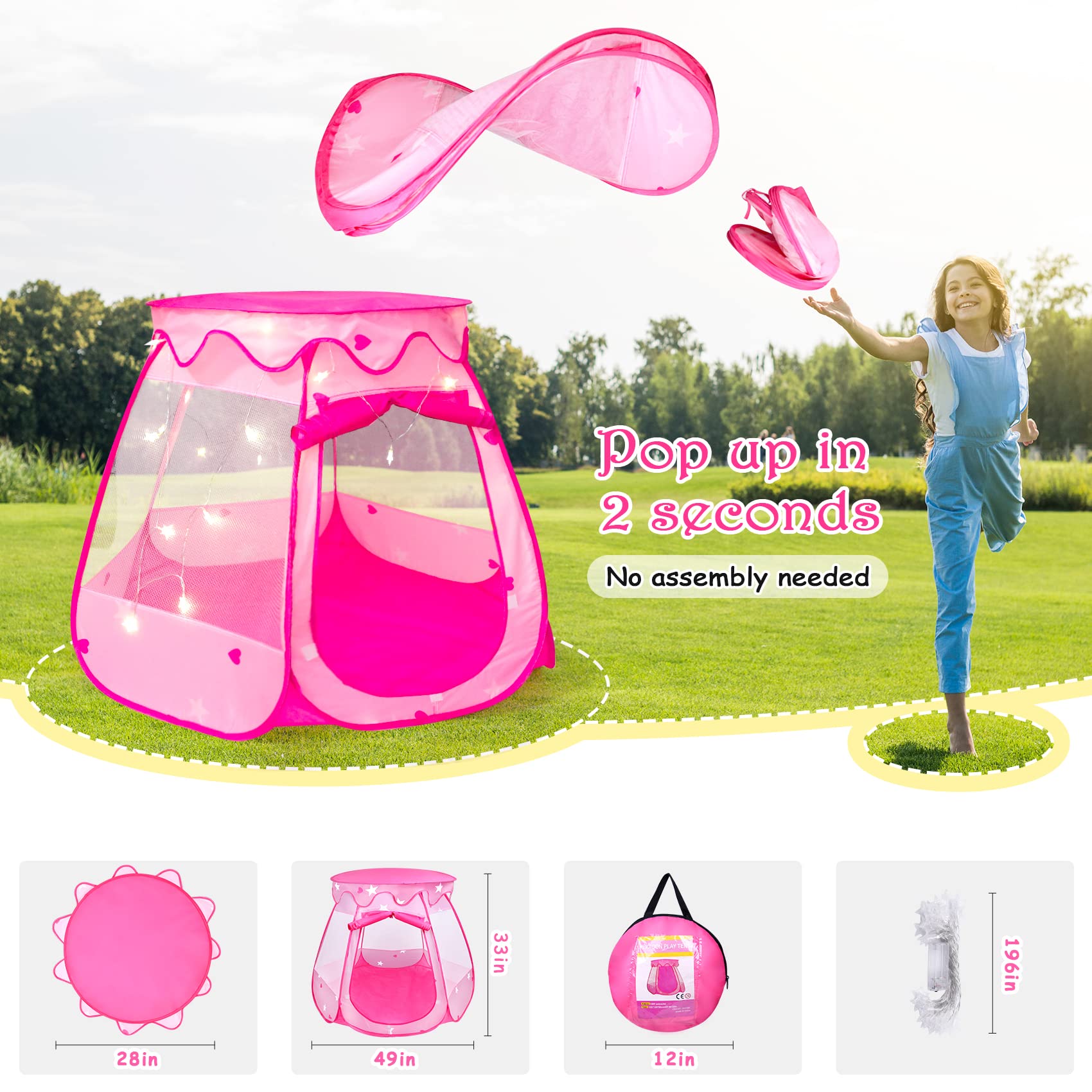 DISHIO Ball Pits with 50 Balls, Pop up Tents for Kids with Star Lights