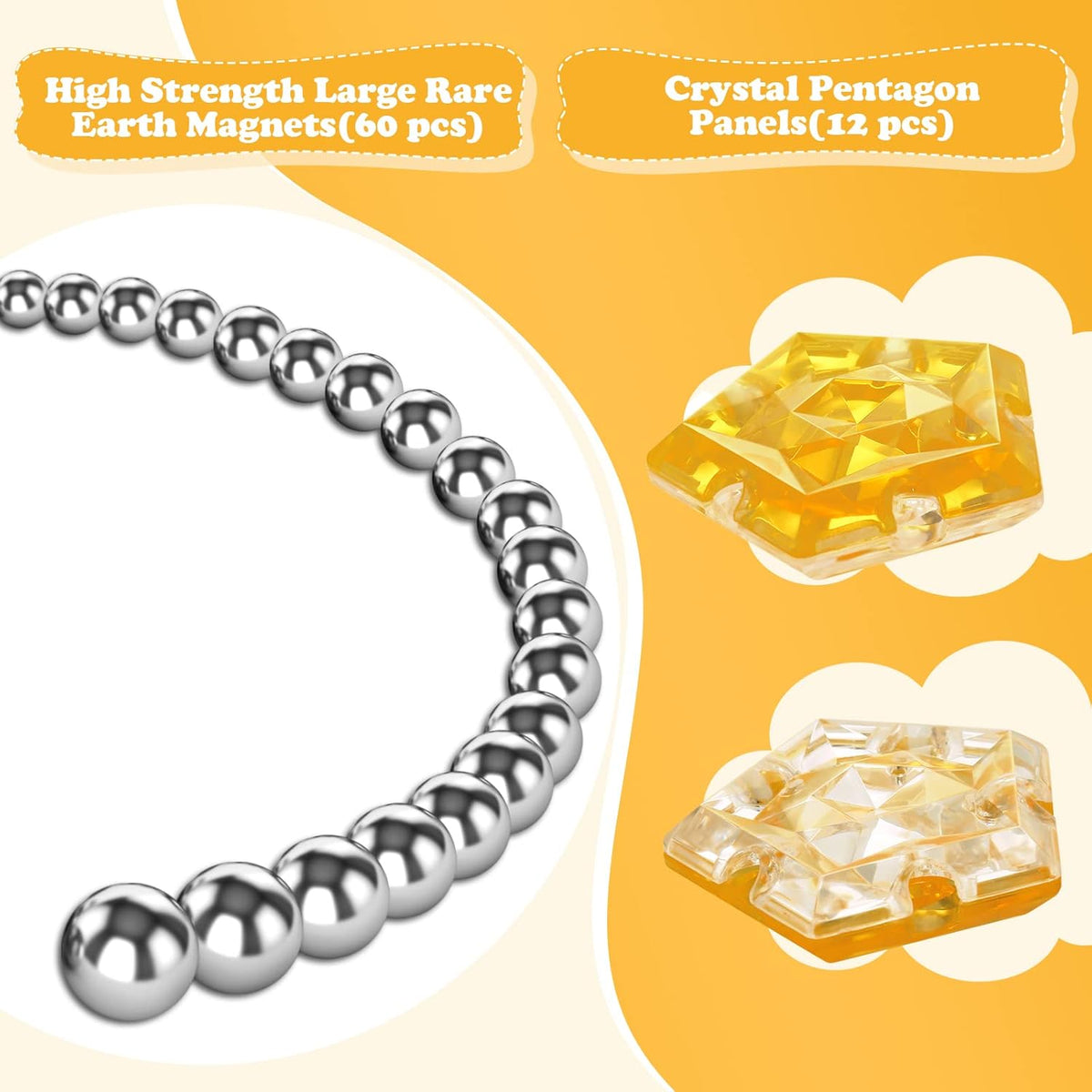 RoomyRoc Magnetic Fidget Sphere - Pentagons Magnets Balls - 12 Piece Set - Crystal Orange - Magnet