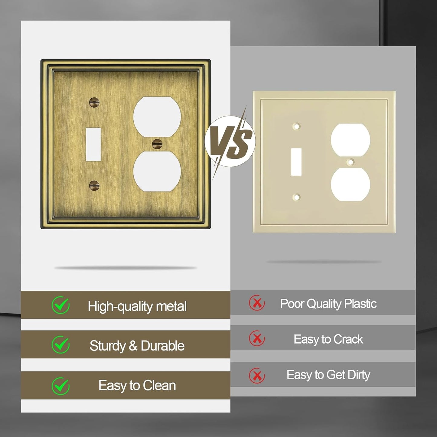 Combination Metal Light Switch Covers Wall Plate, 1 Toggle/1 Duplex Switch Plate Outlet Covers