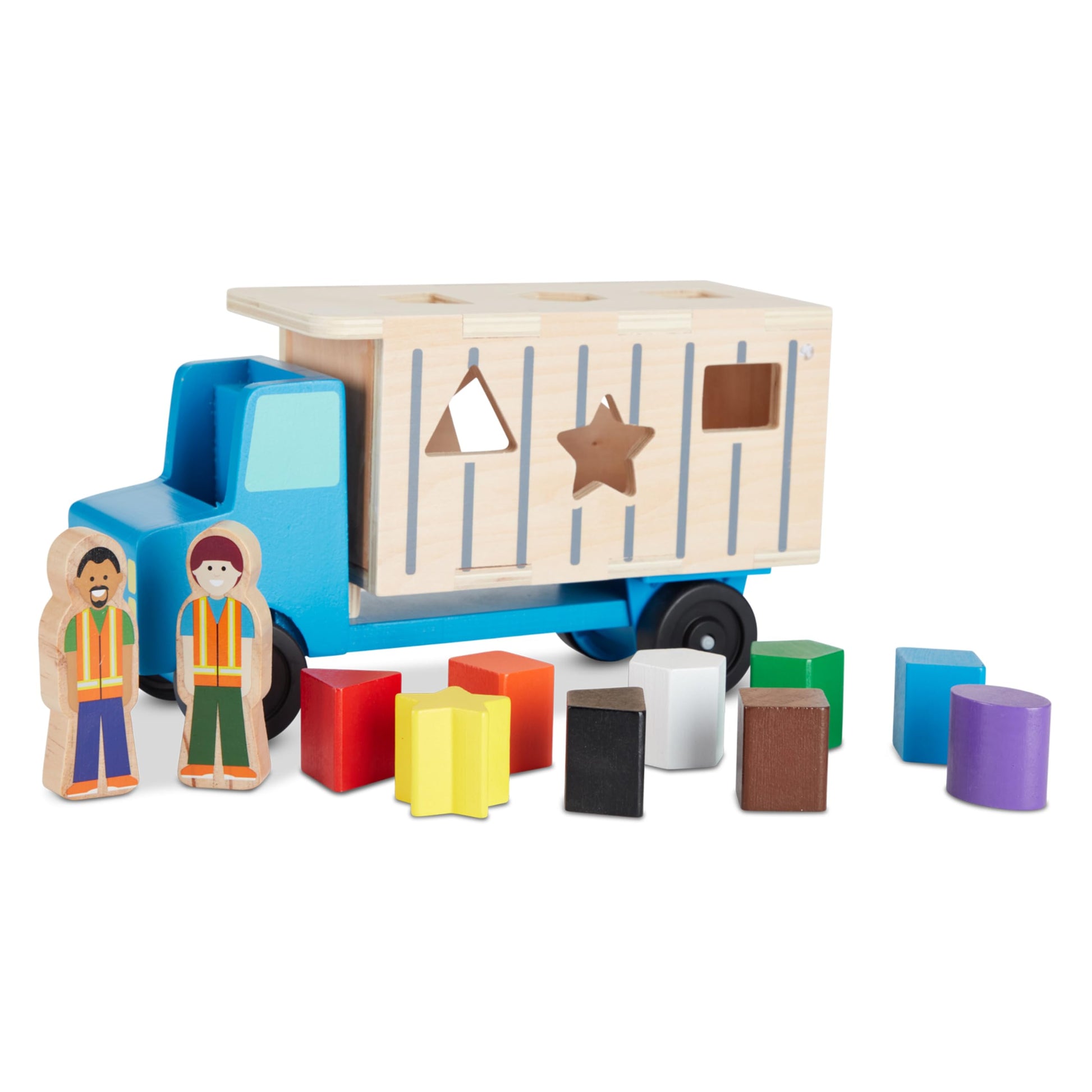 Melissa & Doug Shape-Sorting Dump Truck Wooden Toy with 9 Blocks and 2 Toy Figures - Montessori