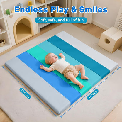 Foam Baby Play Mat: PU Leather Waterproof Kids Playmat - Trifold Floor Mat - Large Play Mat for