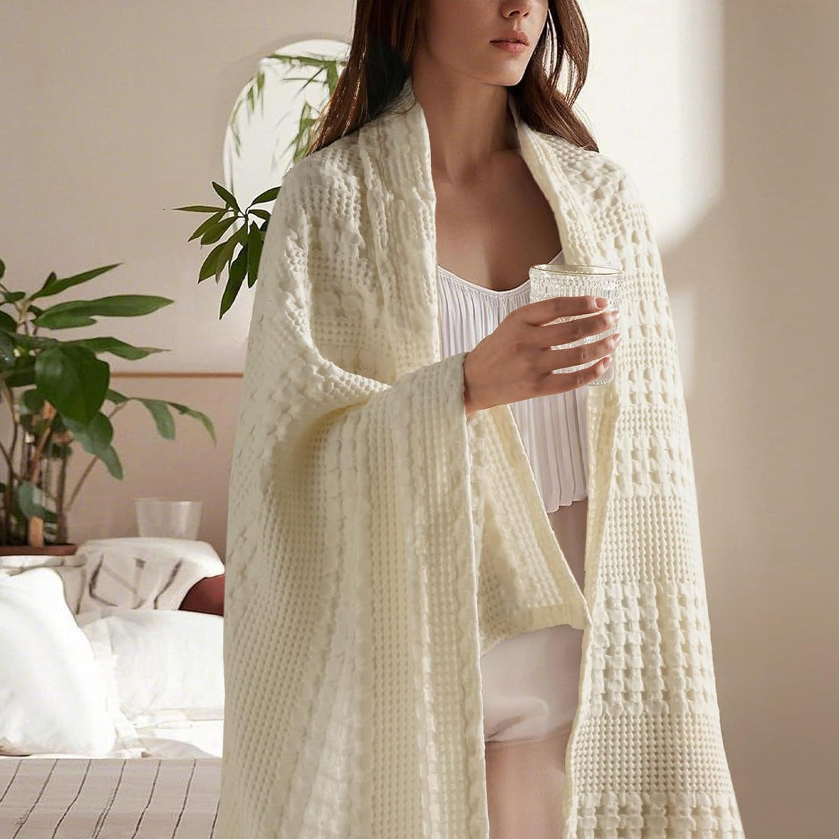 PHF 100% Cotton Waffle Weave Throw Blanket, Soft Lightweight Breathable Cozy Summer Throws for
