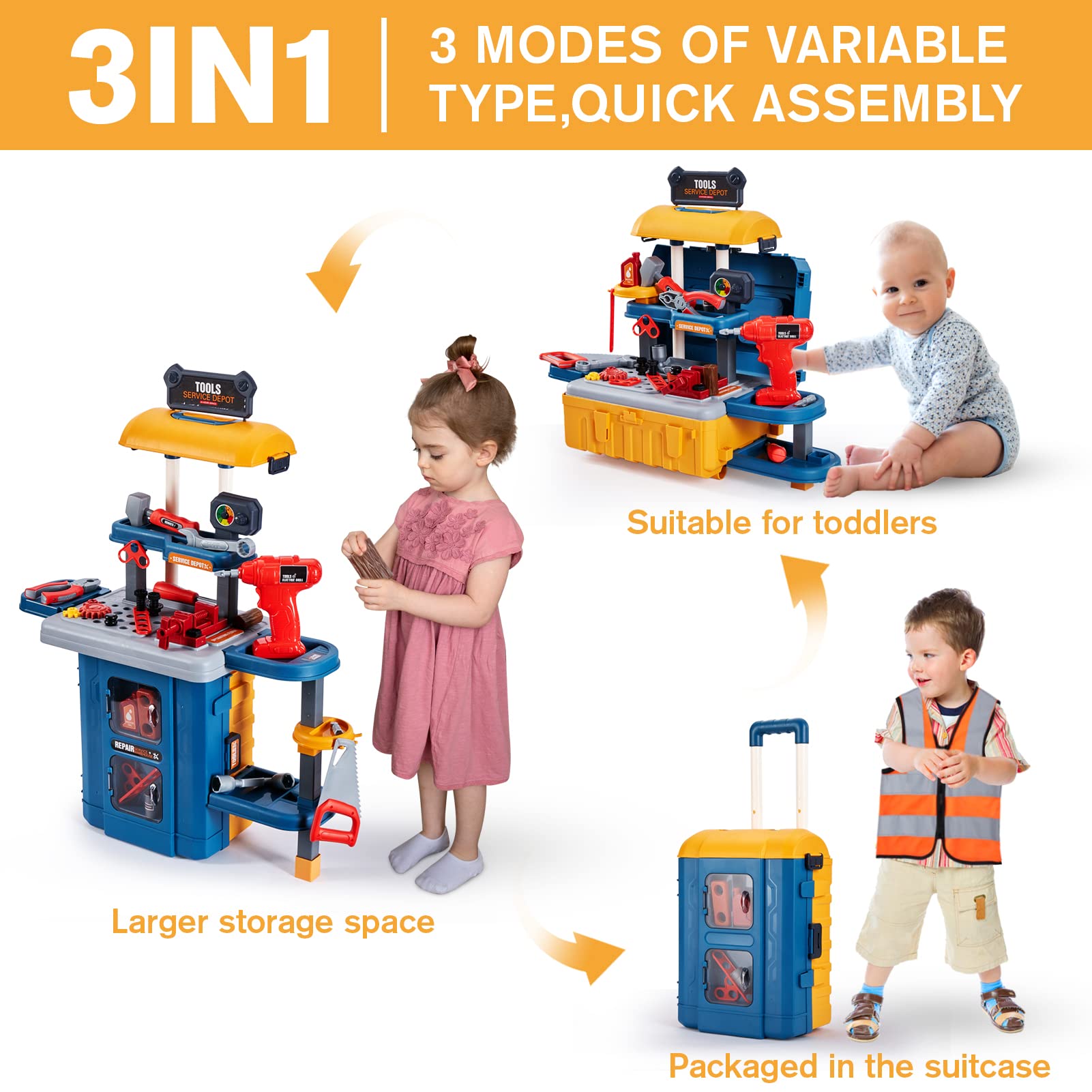 Kids Tool Bench with Kids Tool Set, Three Modes Toddler Tool Bench with Electric Drill Set, Pretend