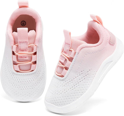 MORENDL Toddler Slip On Sneakers Baby Walking Shoes Non-Slip Breathable Unisex Pink Mesh Lace-Up