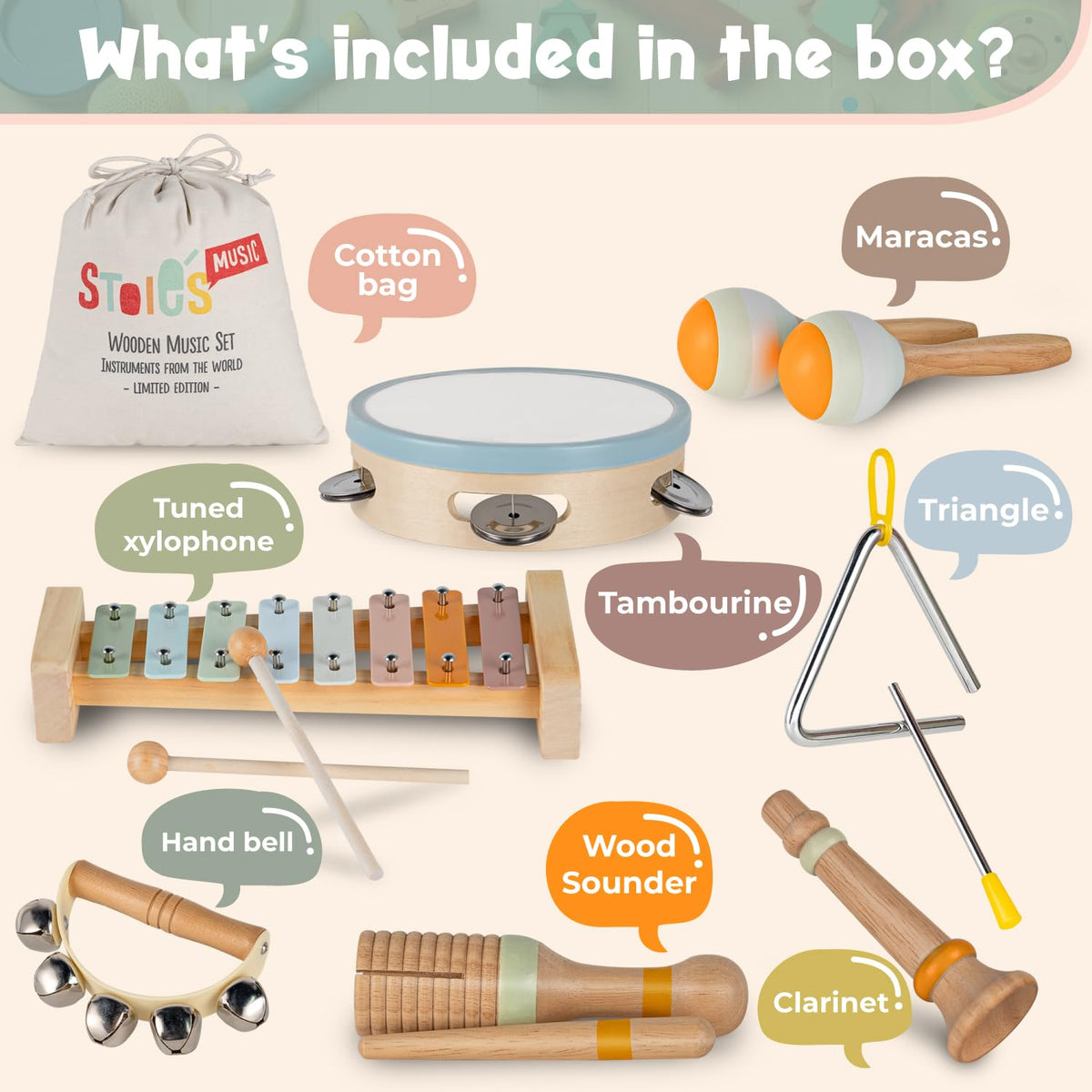 Stoie's Wooden Toddler Musical Instruments with Xylophone, Maracas, Triangle, Tamburine for Babies