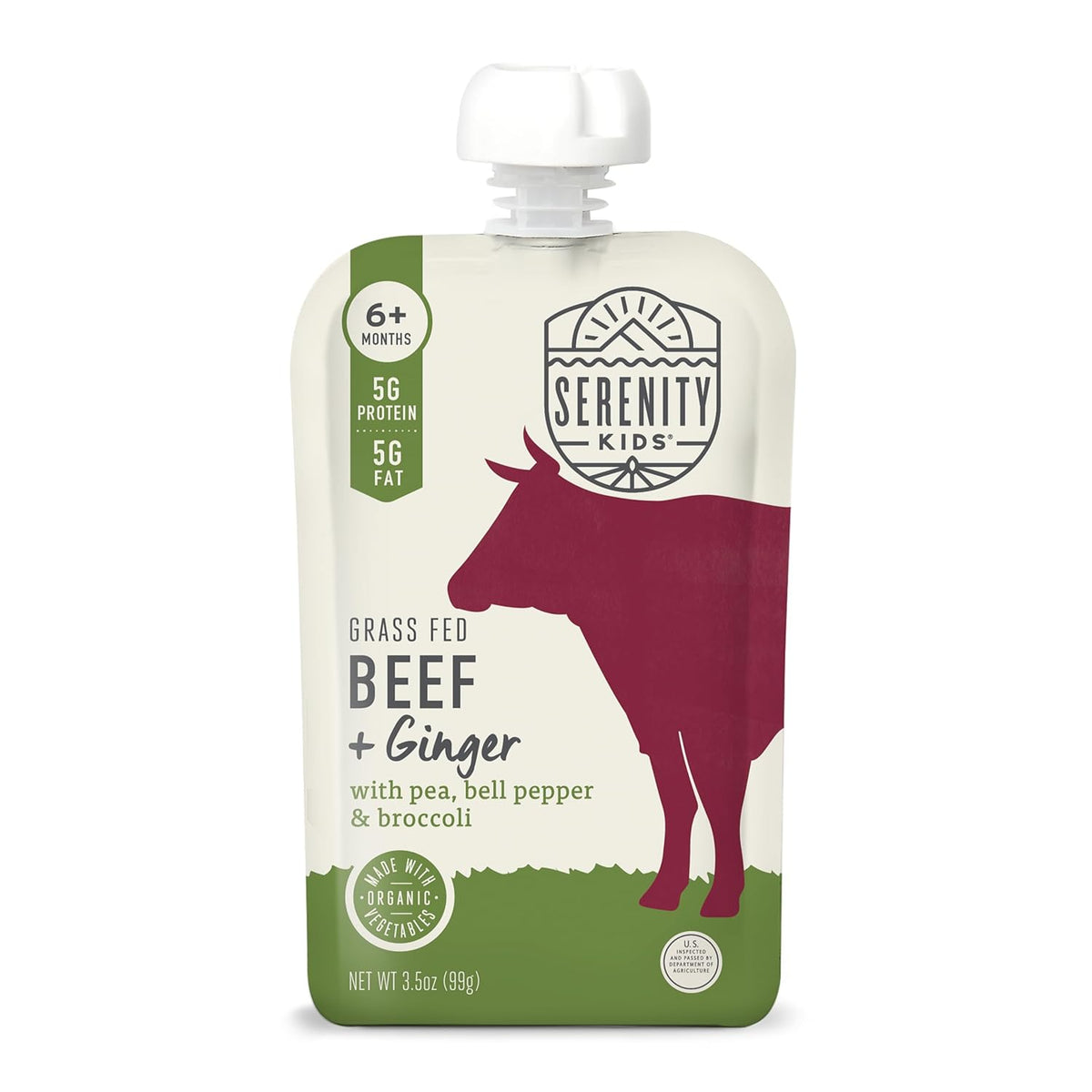 Serenity Kids 6+ Months Beef & Ginger Baby Food Puree Pouches - Grass Fed Beef & Organic Peas, Bell