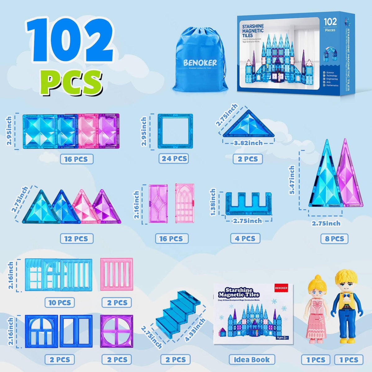 102PCS Ice Castle Magnetic Tiles, 3D Building Blocks STEM Educational Kids Toys for Pretend Play, 3