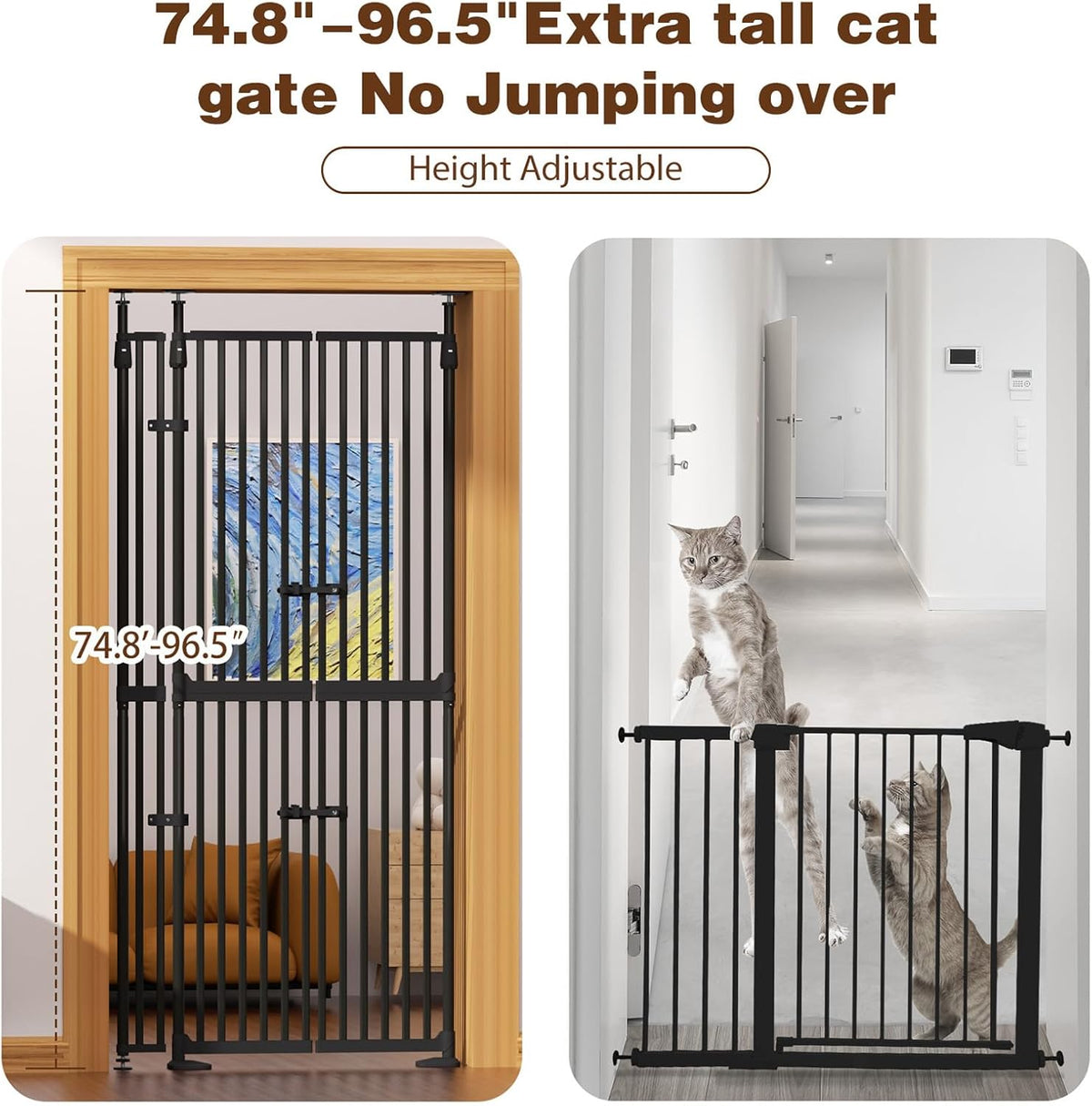 Glaf 74" Extra Tall Cat Gat, 30.31-38.19" Wide Adjustable Cat Door Pressure Mounted Pet Gate with