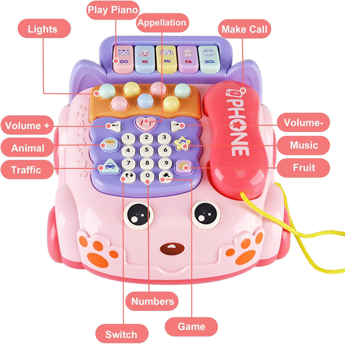 Baby Phone Toy,Baby Toy Phone Cartoon Baby Piano Music Light Toy Children Pretend Phone, Kids Cell
