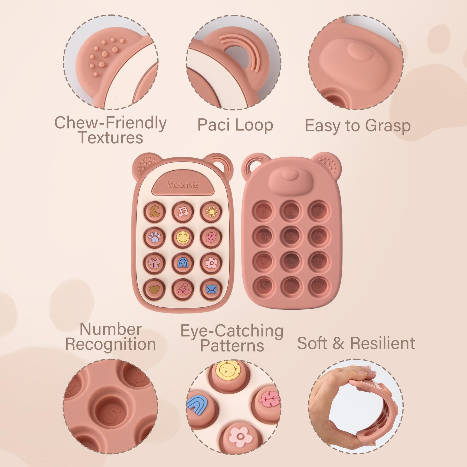 Moonkie Silicone Press Phone Teething Toy for Baby 3 Months+ | Soft BPA-Free Teether with Icon &