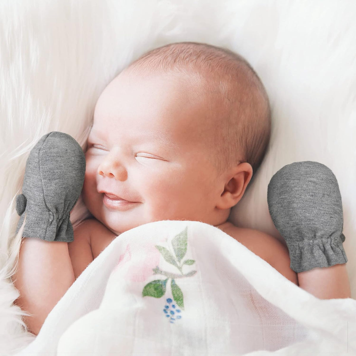Newborn Baby No Scratch Mittens Stay On, 100% Cotton Breathable, Adjustable Infant Gloves for Baby