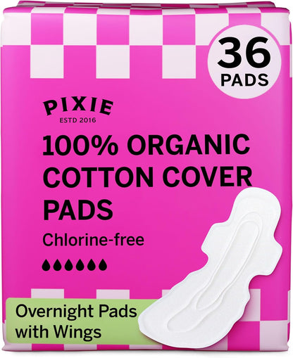 Pixie Organic Cotton Overnight Pads for Women - Extra Heavy Absorbency with Wings - Leak-Proof