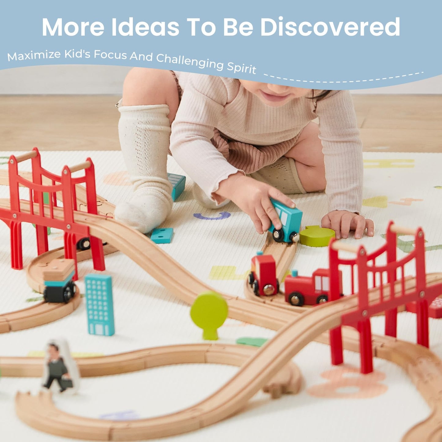 Tiny Land 39 Pcs Wooden Train Set for Toddler with Wooden Tracks