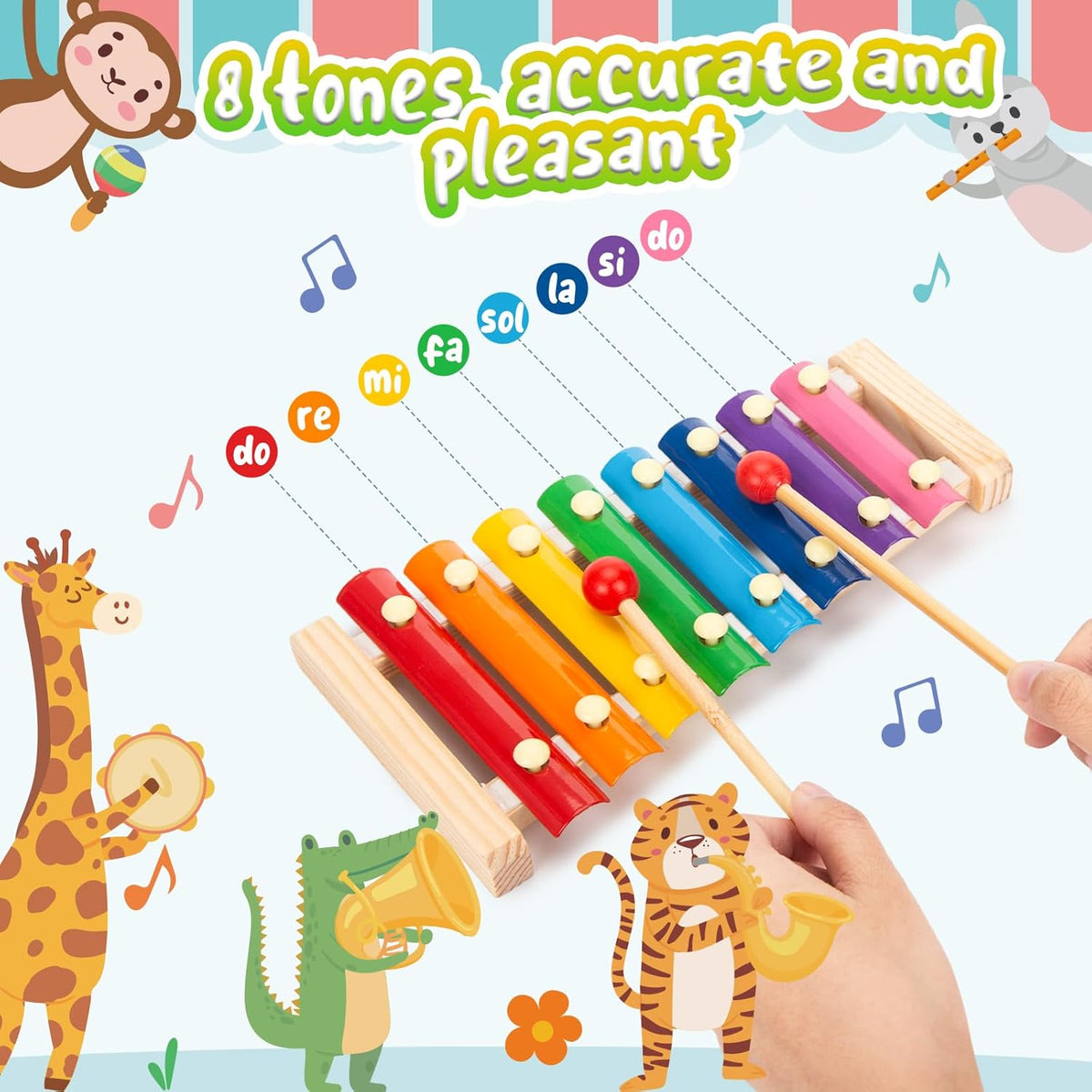 LovesTown Wooden Xylophone Musical Toy, 8 Rainbow Keys, 2 Mallets, Educational Instrument for