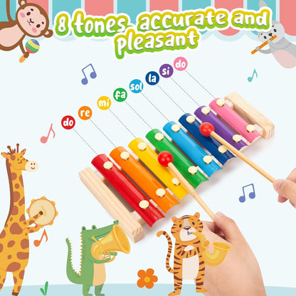 LovesTown Wooden Xylophone Musical Toy, 8 Rainbow Keys, 2 Mallets, Educational Instrument for