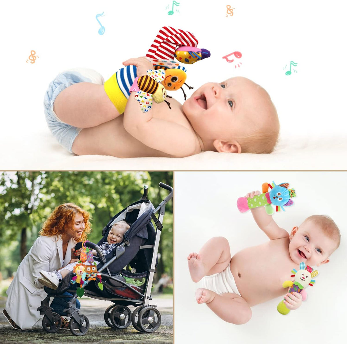 BLOOBLOOMAX Baby Soft Hanging and Wrist Rattle Toy, Car Seat Stroller Toys with Plush Animal C-Clip