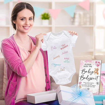 Qunclay 12 Pcs Baby Bodysuit Baby Shower Game Include 1 Game Wooden Sign Tabletop Decor 1 White