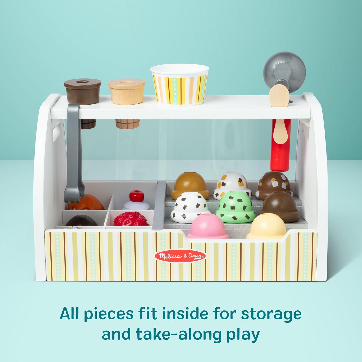Melissa & Doug Wooden Scoop & Serve Ice Cream Counter, Pretend Play Store, 28 Toy Food & Play