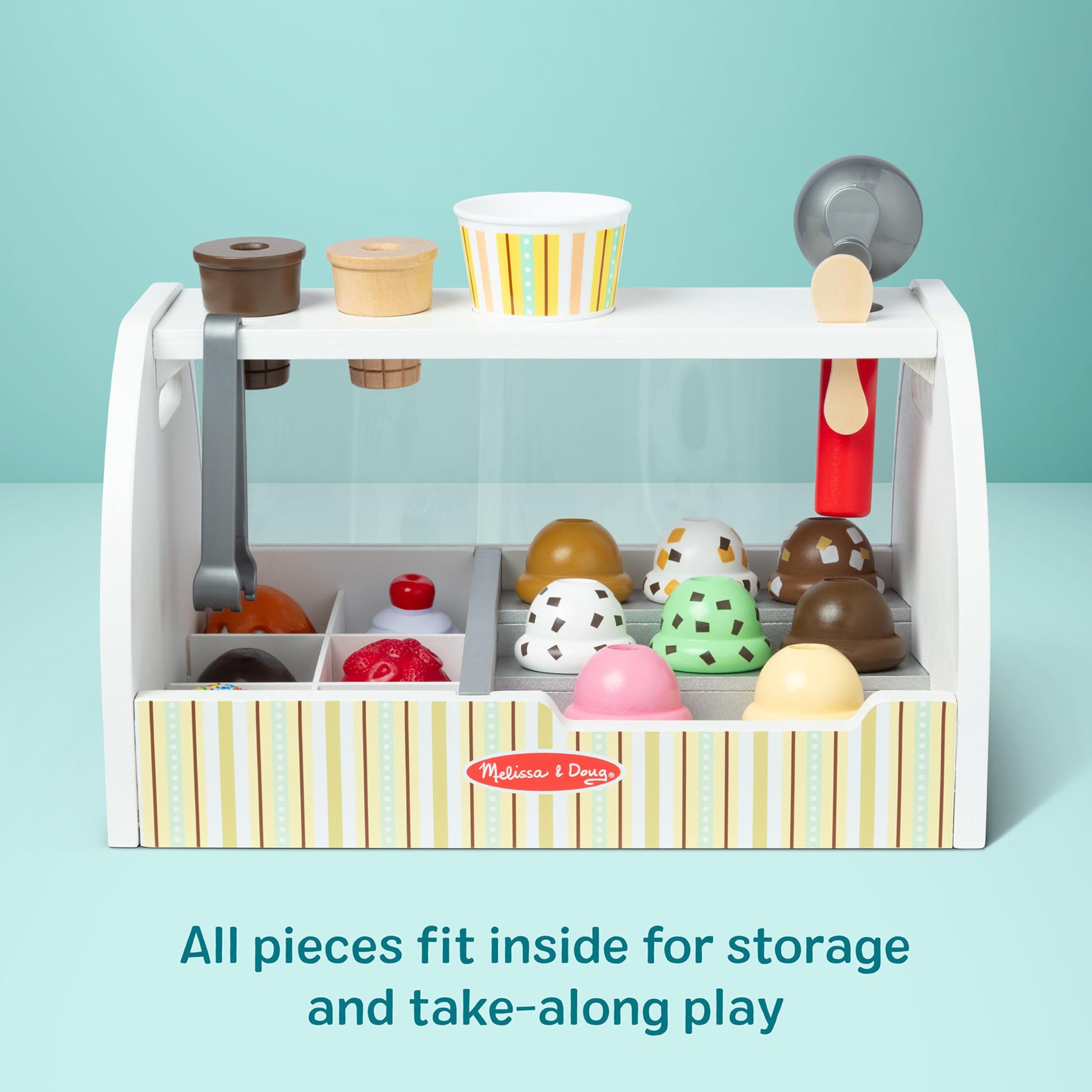 Melissa & Doug Wooden Scoop & Serve Ice Cream Counter, Pretend Play Store, 28 Toy Food & Play