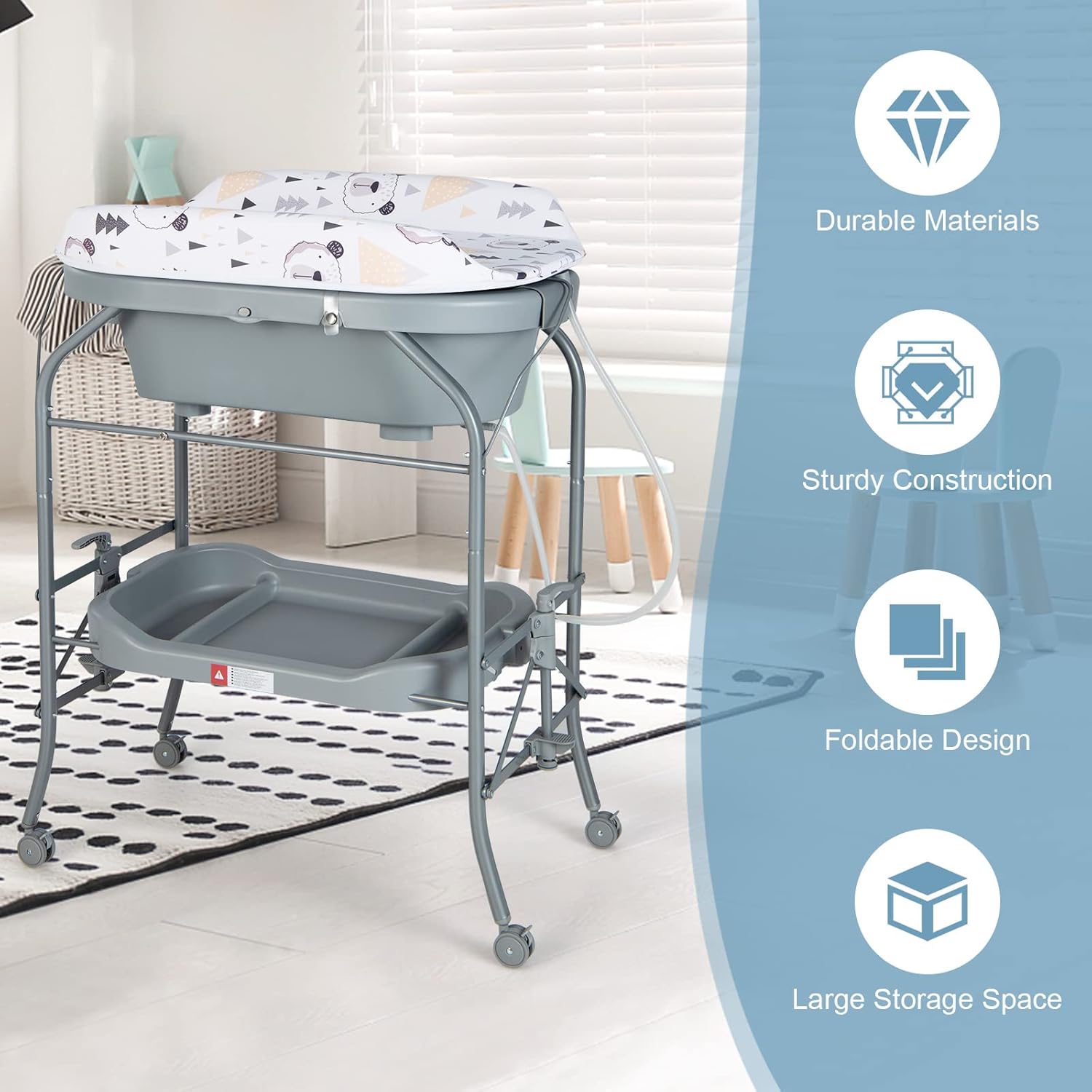 HONEY JOY Baby Changing Table with Bathtub, Foldable Infant Diaper Changing Station with Wheels