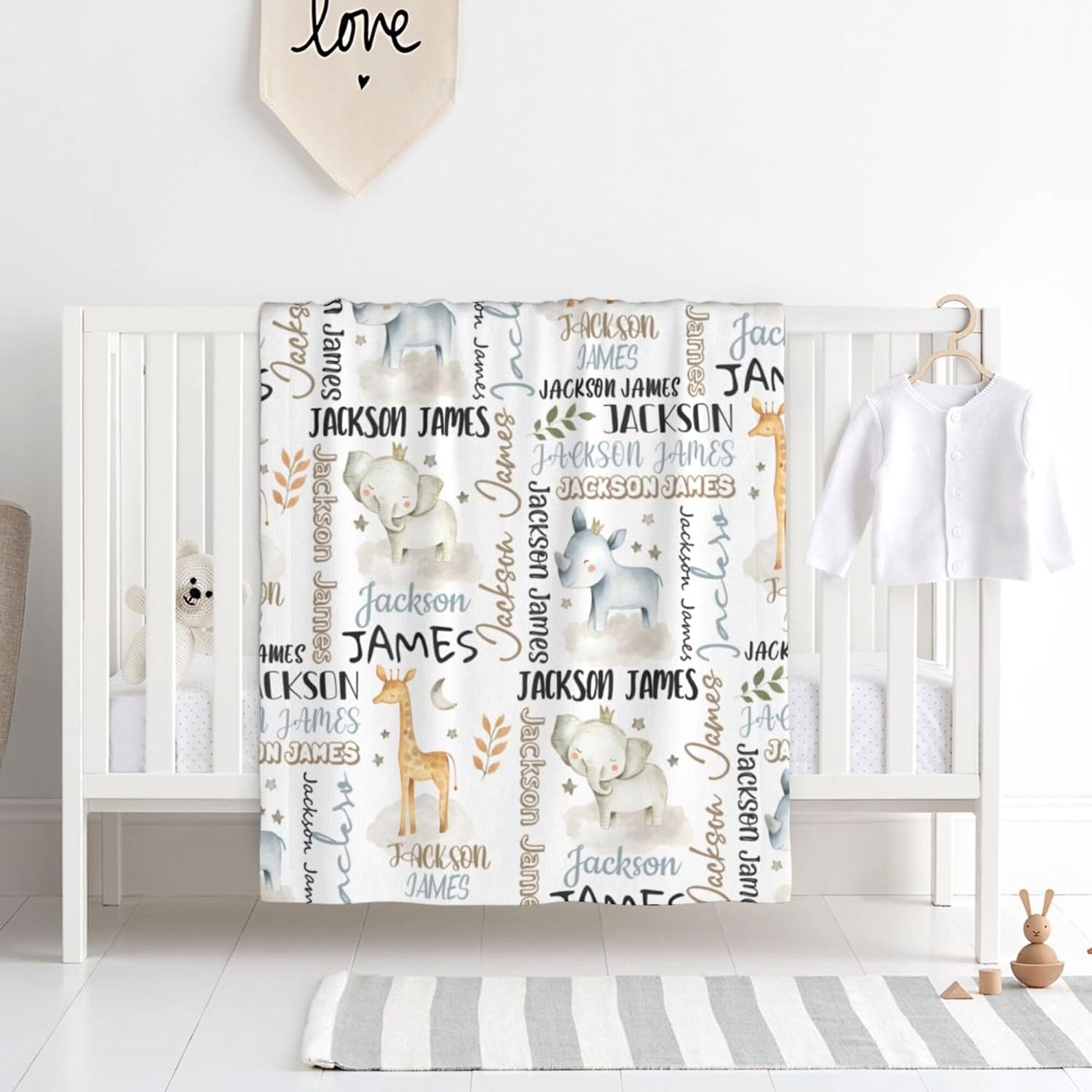 Personalized Safari Animal Swaddle Blanket - Custom Blanks for Boys, Name Blanket for Toddlers &