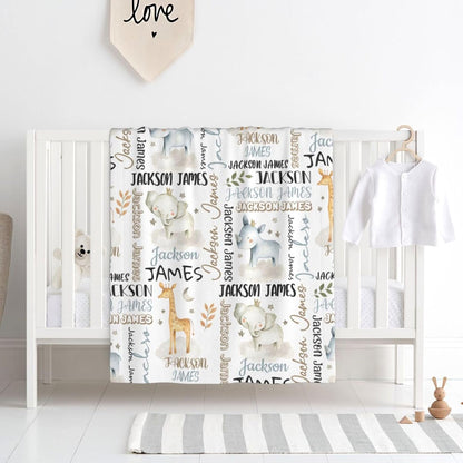Personalized Safari Animal Swaddle Blanket - Custom Blanks for Boys, Name Blanket for Toddlers &
