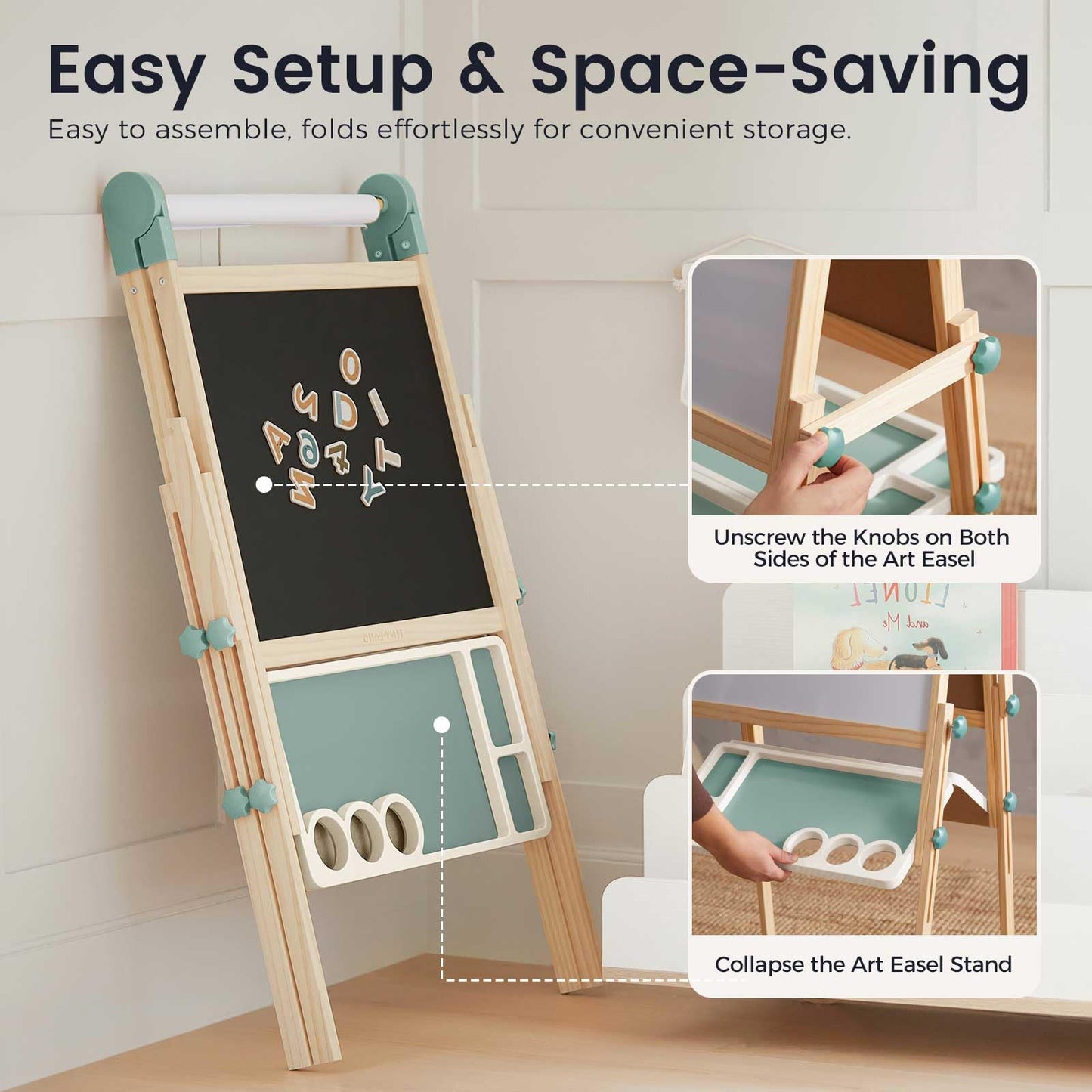 Tiny Land Foldable Wooden Kids Easel with Magnetic Letters & Numbers