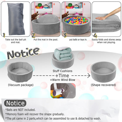 Baby Foam Ball Pit, 35.4"x 11.8" Ball Pits for Toddlers,Grey