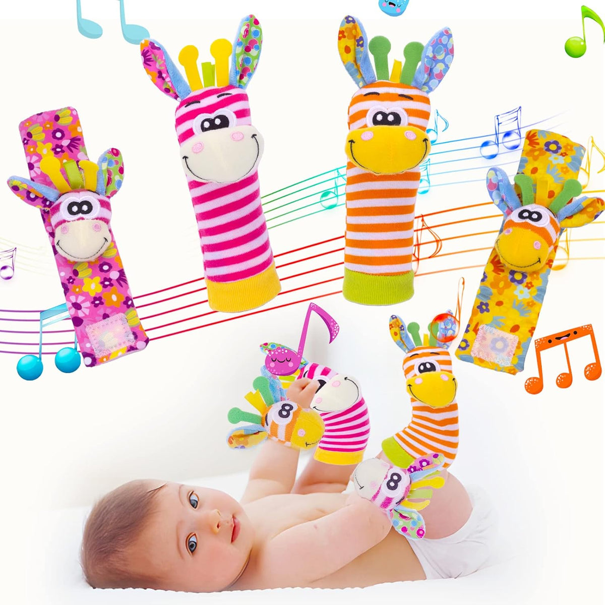 Wrist Rattles Baby Socks Baby Toys Set Soft Sensory Toys for Babies Cartoon Animal Rattles Sock