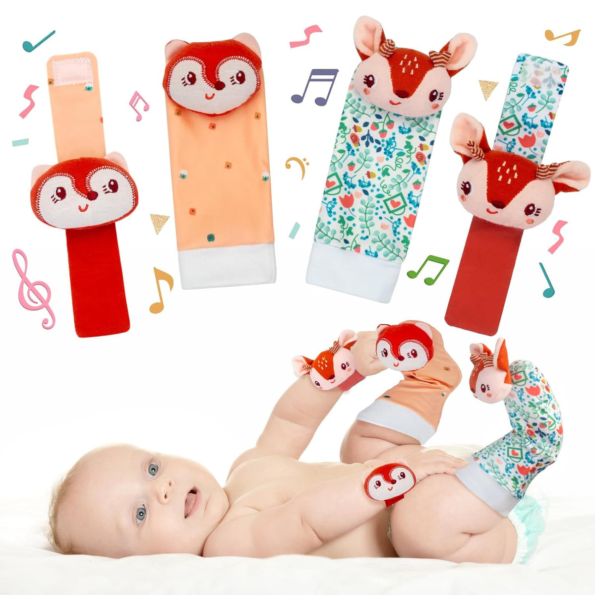 Lovely Animal Wrist Rattles & Sock Toy for Baby Infant 0-6 6-12 Month Old Newborn Soft Toy Hand and