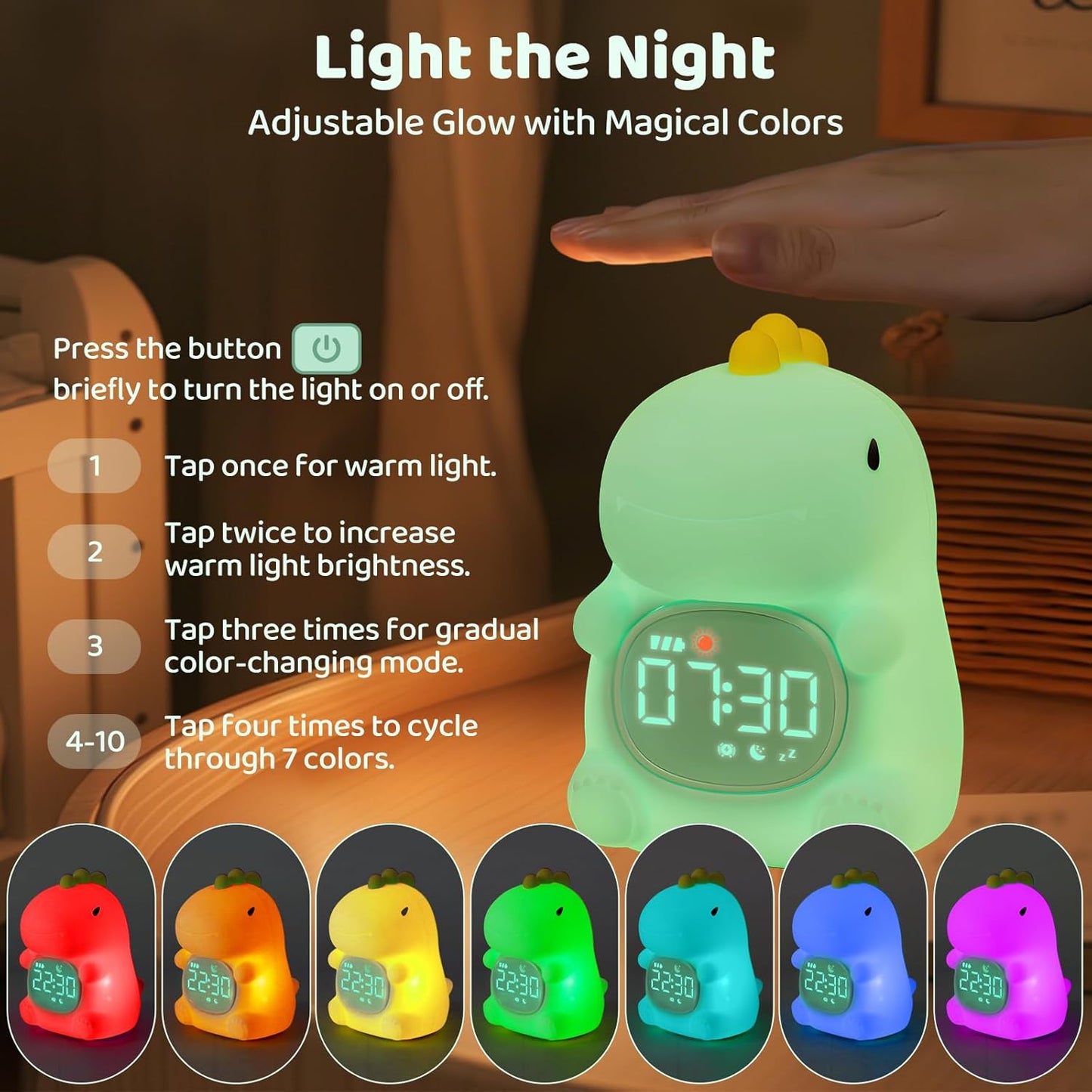 Dinosaurs Alarm Clock with Night Light for Kids with Sleep Training and Sound Machine, Rechargeable