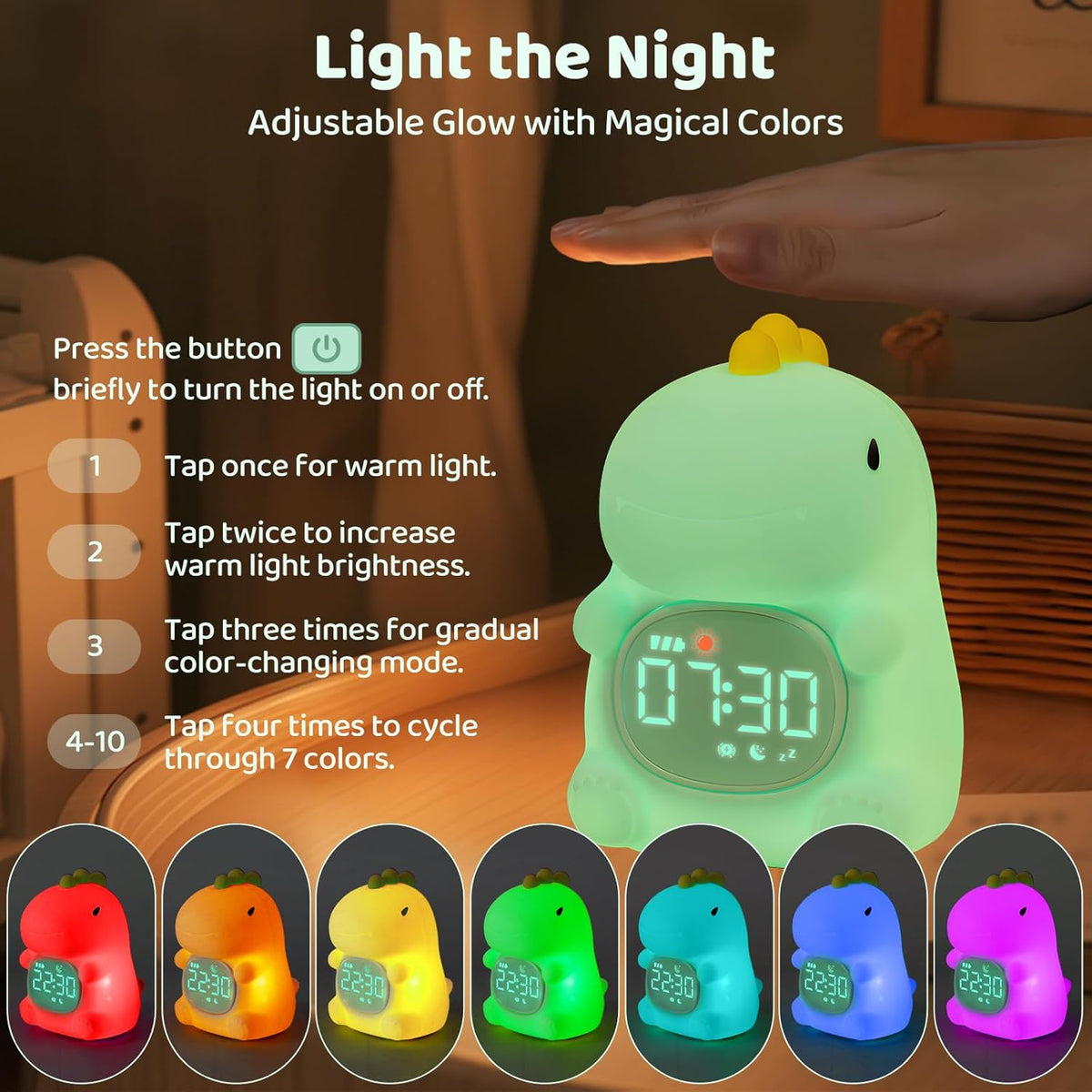 Dinosaurs Alarm Clock with Night Light for Kids with Sleep Training and Sound Machine, Rechargeable