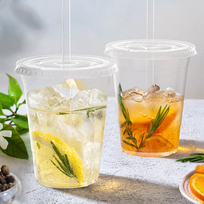 100 Pack - 16 oz Clear Plastic Cups with Lids and Straws, Sturdy & Food Safe Iced Coffee Cups with