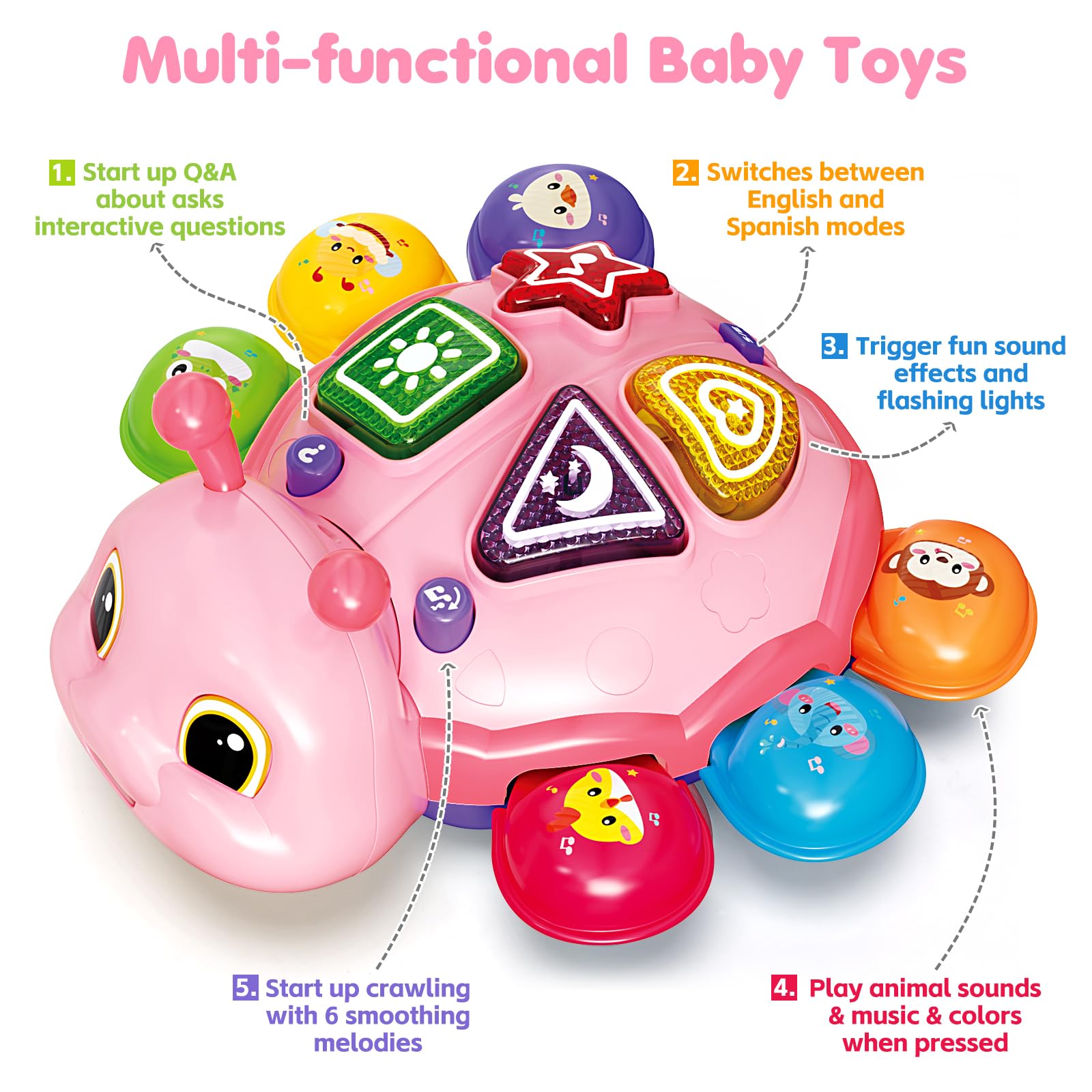Baby Toys 6-12 Months, Musical Crawling Infant Toys with Lights Sound, Pink