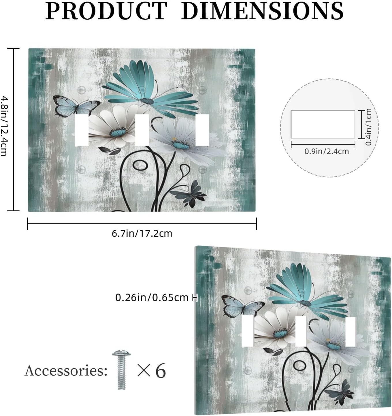 Decorative Switch Plates Rustic Teal Daisy Floral Flowers Butterfly Wood Grain 3 Gang Wall Plate