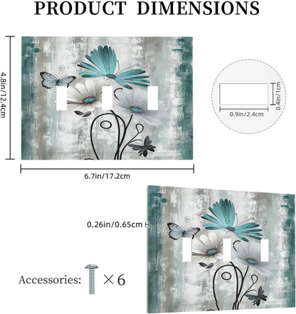 Decorative Switch Plates Rustic Teal Daisy Floral Flowers Butterfly Wood Grain 3 Gang Wall Plate