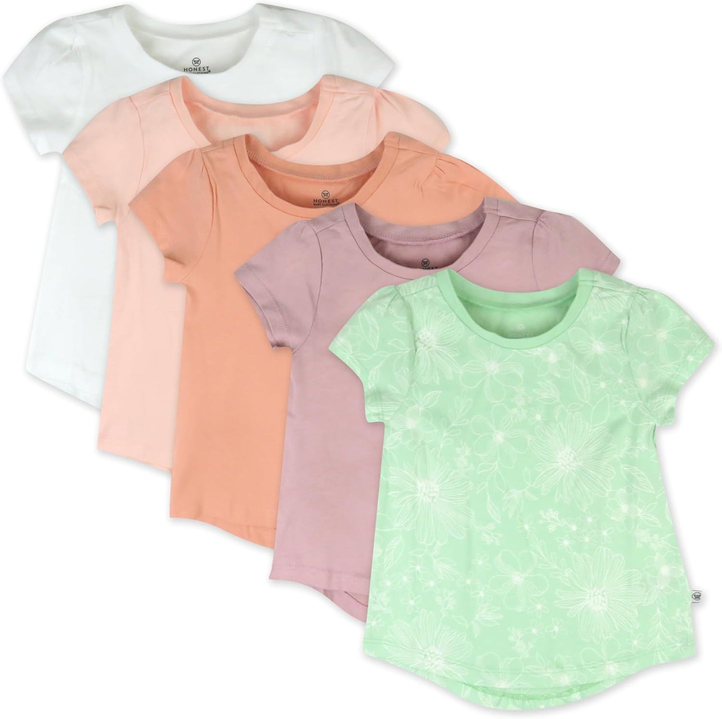 HonestBaby 5-Pack Short Sleeve T-Shirts 100% Organic Cotton Baby, Toddler, Little Kid, Boy, Girl