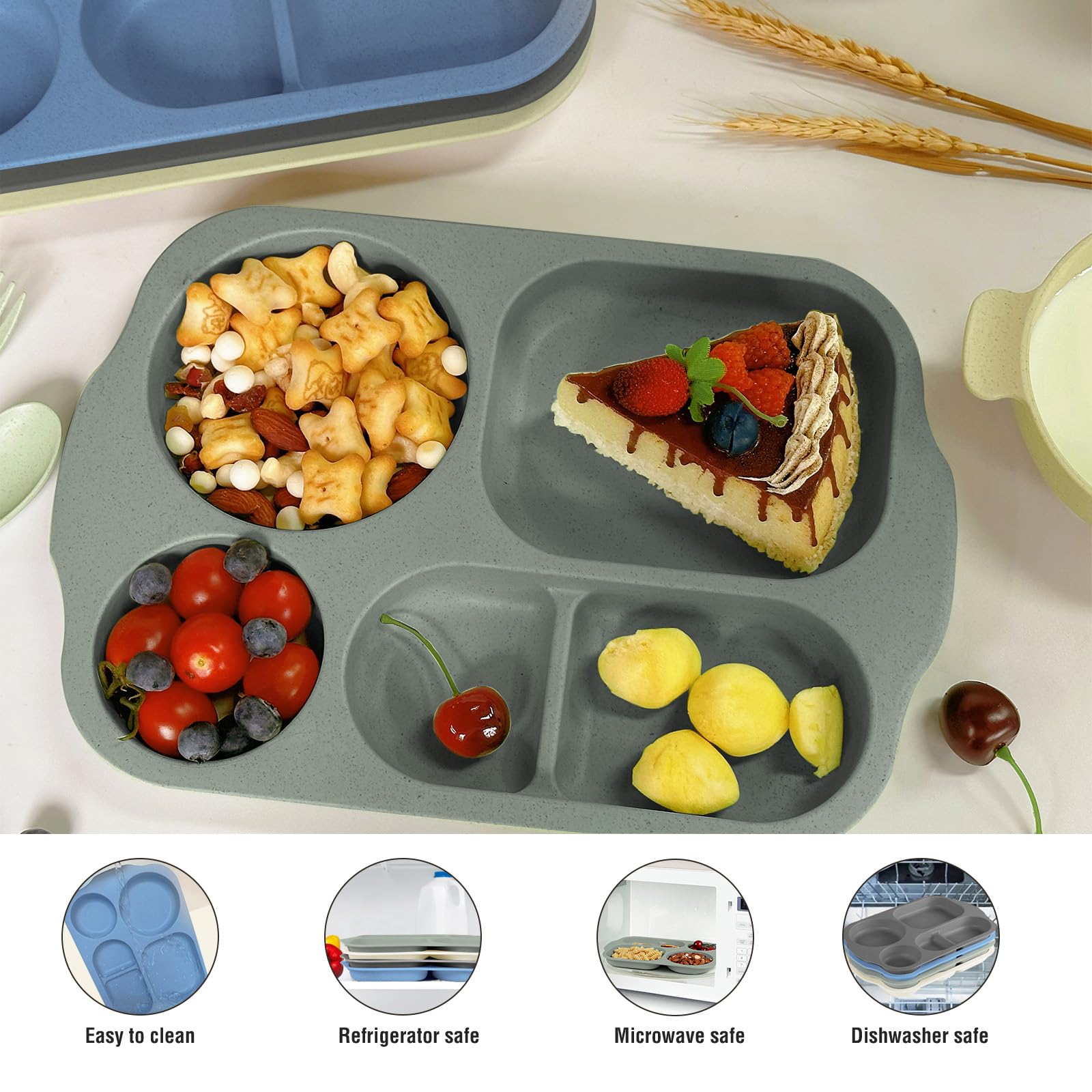 shopwithgreen Wheat Straw Dinnerware Cutlery Set, 20 PCS Kids Toddlers Divided Plates and Bowls