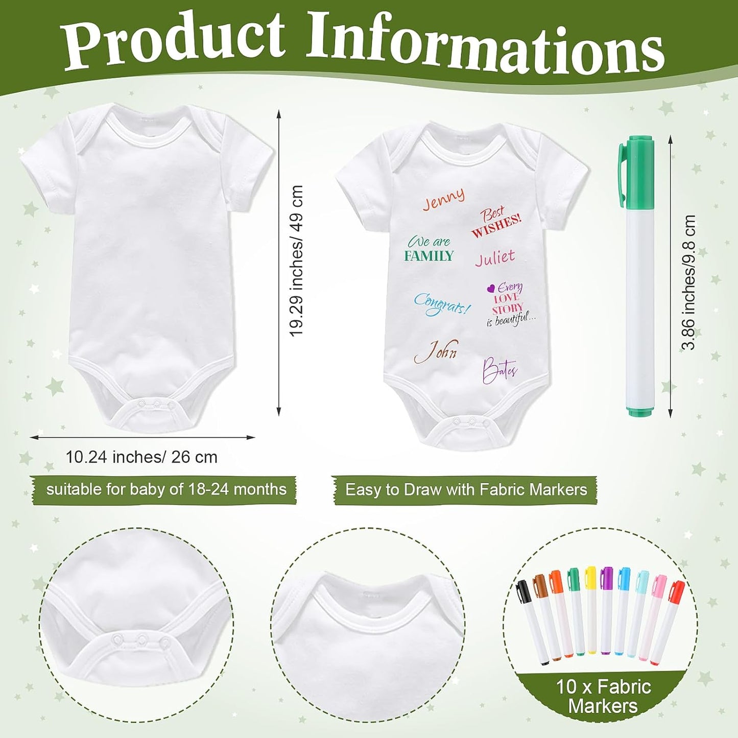 Qunclay 12 Pcs Baby Bodysuit Baby Shower Game Include 1 Game Wooden Sign Tabletop Decor 1 White