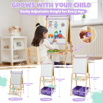 3-in-1 Kids Art Easel Set, Height Adjustable Magnetic Whiteboard & Chalkboard with Painting Paper