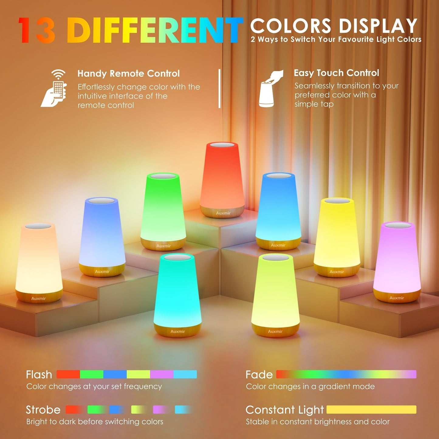 LED Night Light Bedside Lamp Touch and Remote Control Dimmable Tabletop 13 RGB Colors Changing 5
