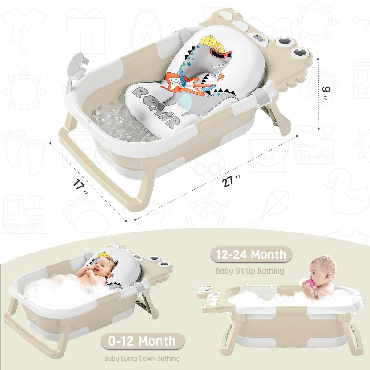MoreFeel Collapsible Baby Bathtub for Newborn with Thermometer & 1 Hooded Towel & 1 Soft Floating