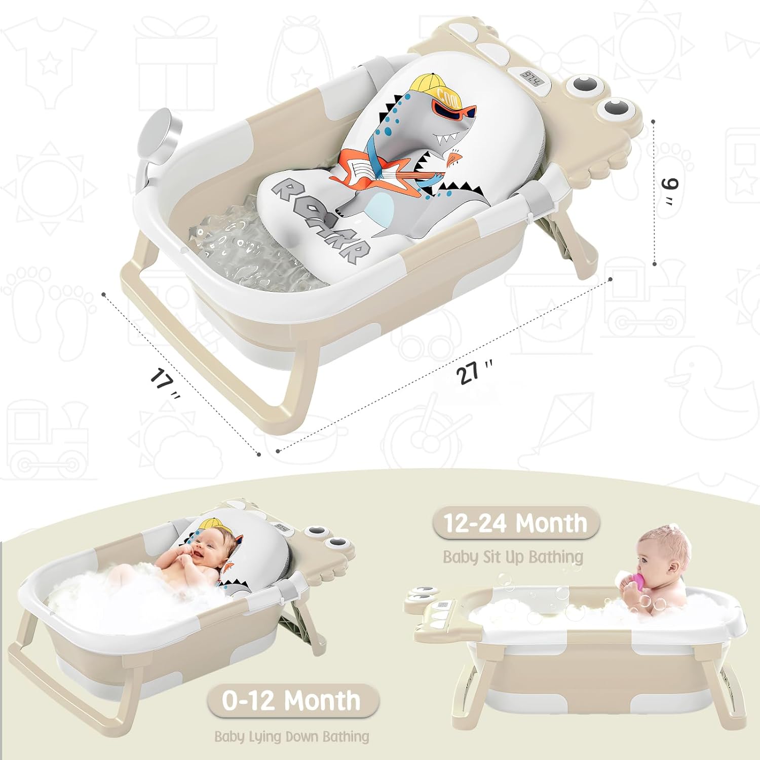 MoreFeel Collapsible Baby Bathtub for Newborn with Thermometer & 1 Hooded Towel & 1 Soft Floating