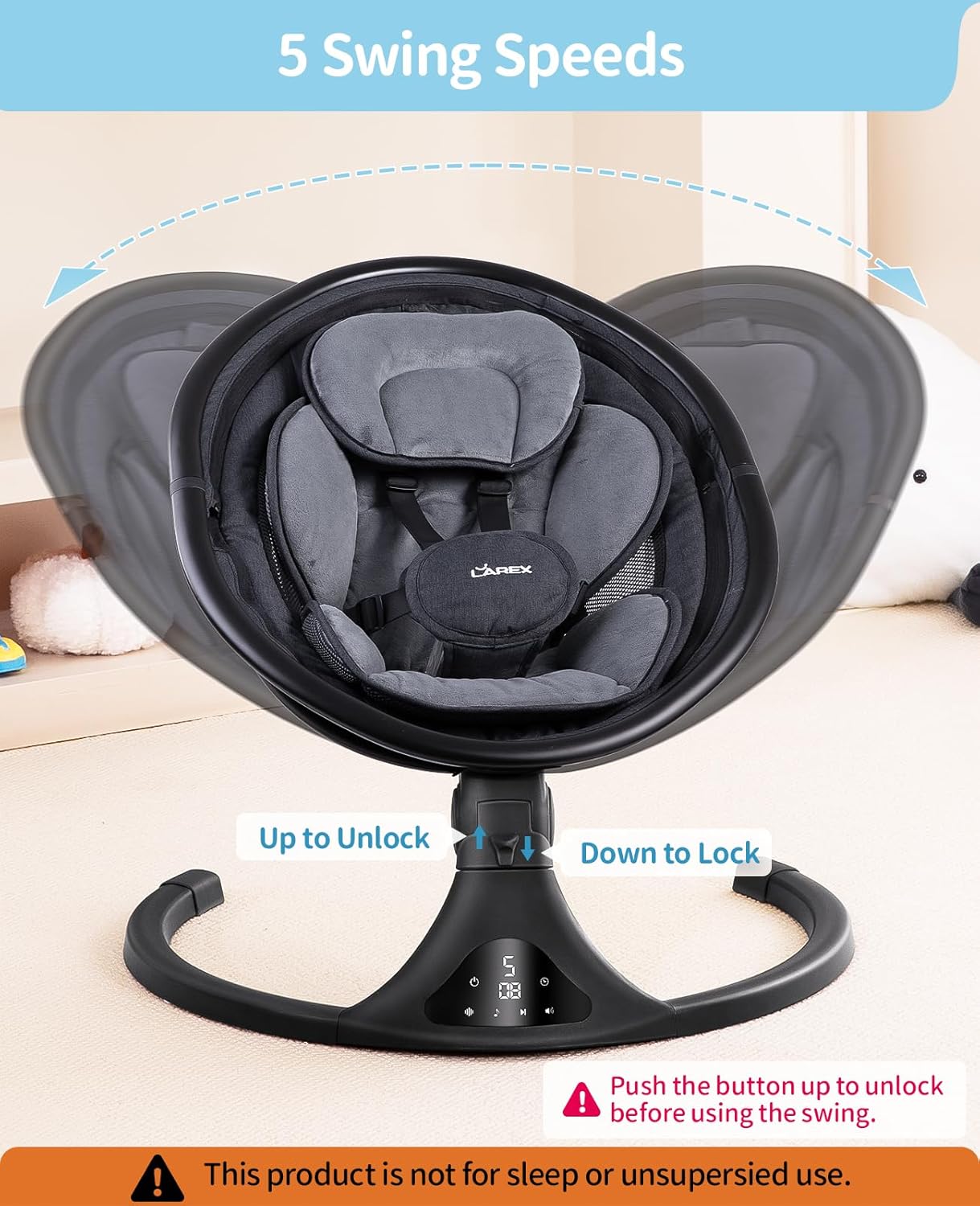 LAREX Baby Swing to Toddler Electric Infant Swing Portable for Newborn Boy Girl, 5 Sway Speeds with