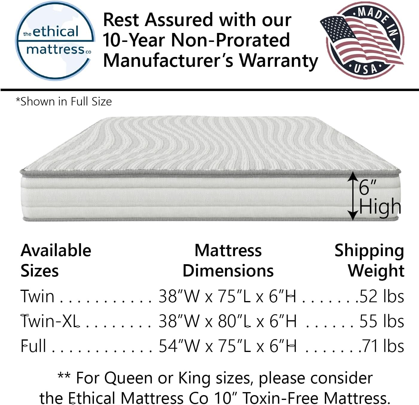 Ethical Mattress CO 6" Kid’s Mattress, Toxin-Free, Made in The USA with Organic Cotton, Wool, Latex