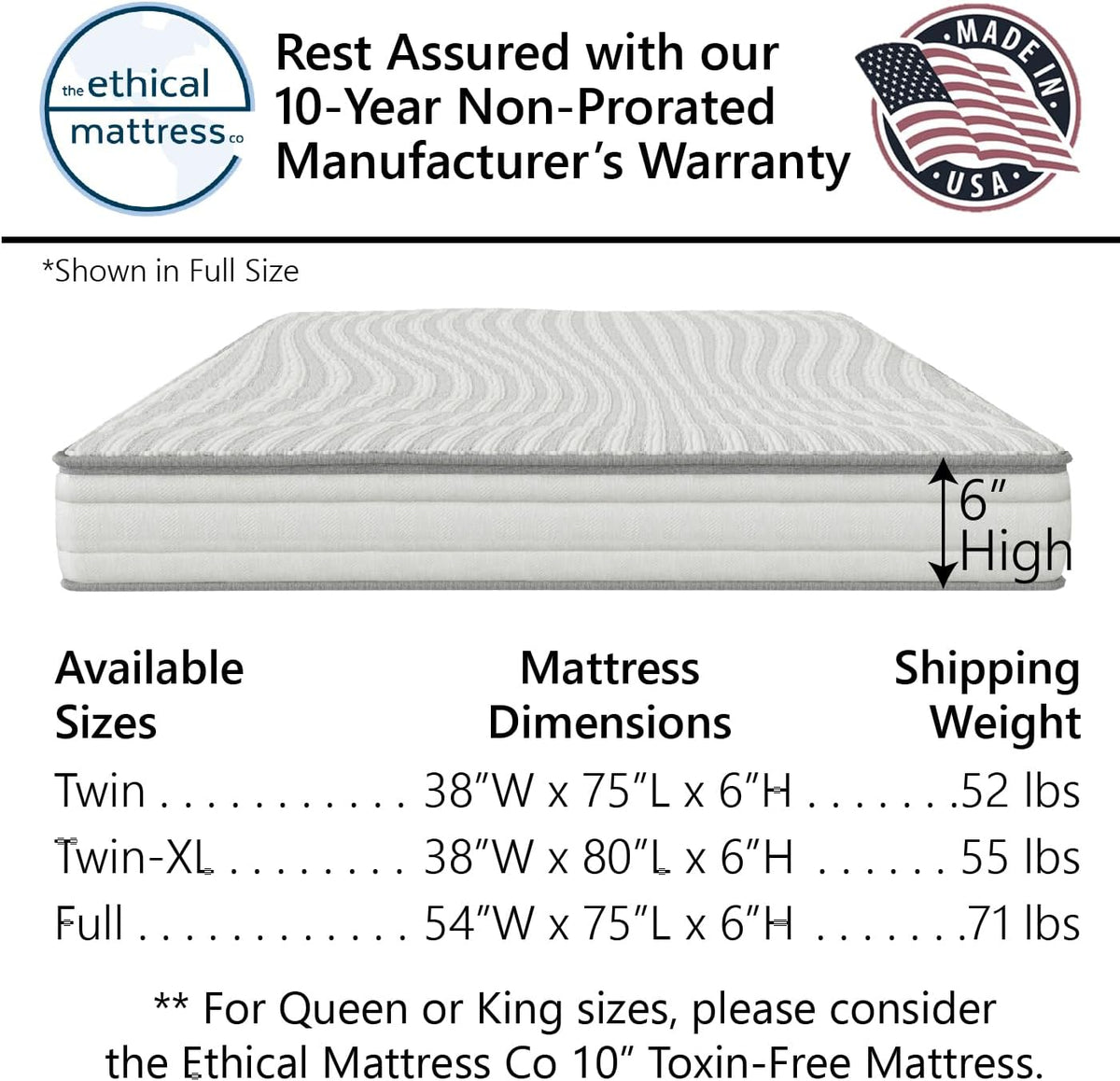 ETHICAL MATTRESS CO 6" Kid’s Mattress, Toxin-Free, Made in the USA with Organic Cotton, Wool, Latex