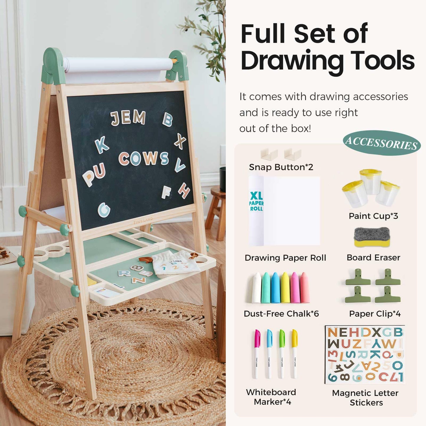 Tiny Land Foldable Wooden Kids Easel with Magnetic Letters & Numbers